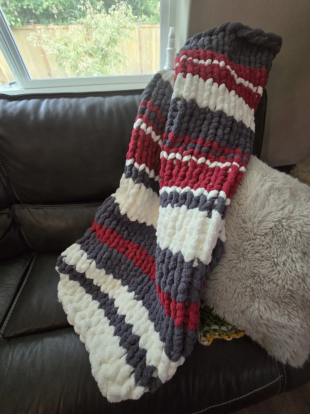 Hand Made Chunky Striped Knit Throw Blanket - Red, Gray & White